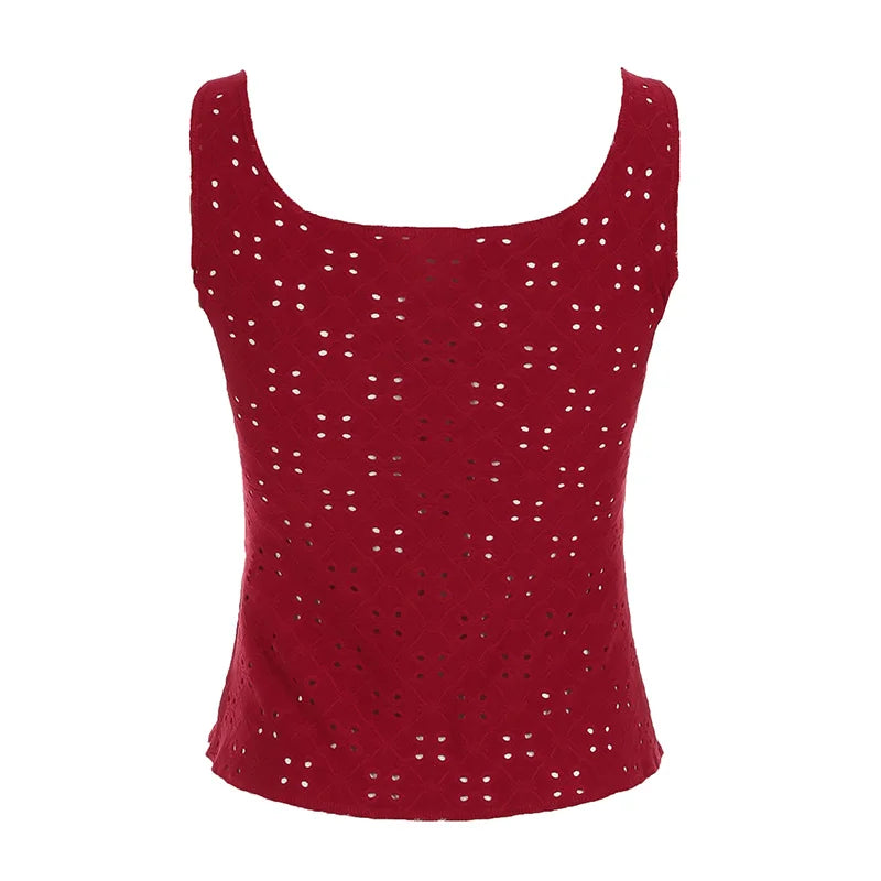 Blusas exquisitas con cuello en V, espalda descubierta y sin mangas con encaje rojo navideño para mujer