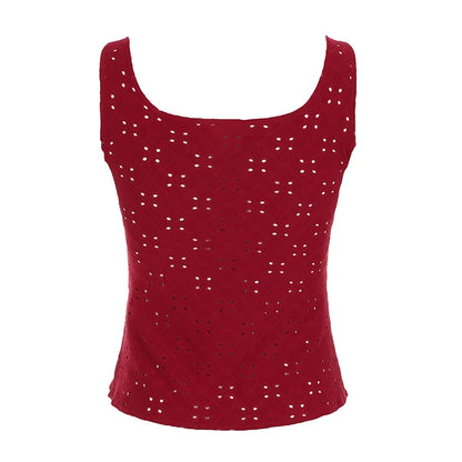 Blusas exquisitas con cuello en V, espalda descubierta y sin mangas con encaje rojo navideño para mujer