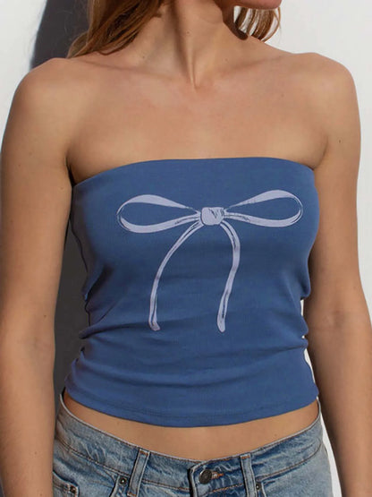 Top tubo sin tirantes con estampado de lazo Y2K para mujer, top corto kawaii de los años 2000, ropa de calle de verano