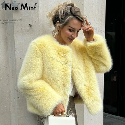 Chaqueta de piel de zorro esponjosa de moda de invierno para chicas de calle, abrigo informal de piel sintética con cuello redondo para mujer, abrigo grueso y cálido elegante