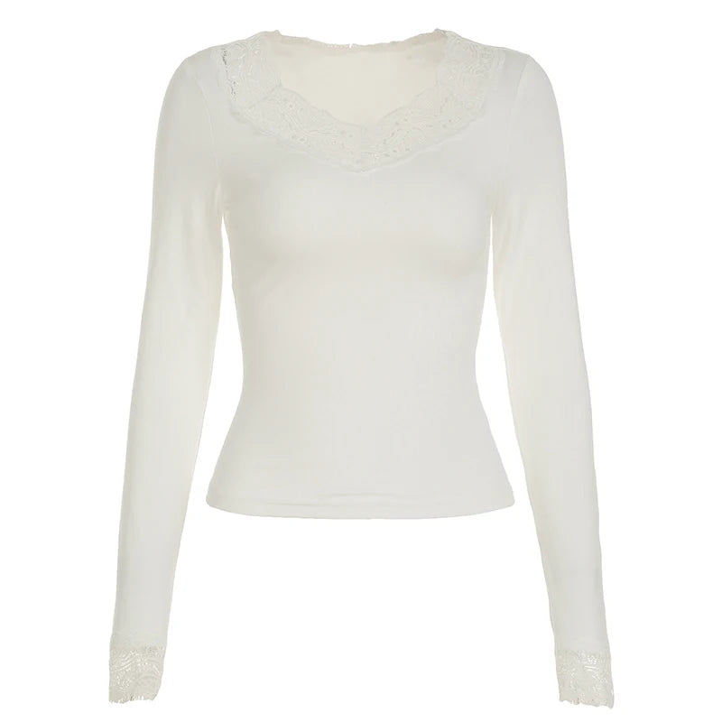 Camiseta de mujer con escote en V y ribete de encaje liso y dulce, de manga larga, estilo ballet, ajustada, de otoño, moderna, básica, combina con todo.