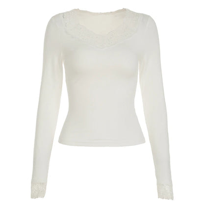 Camiseta de mujer con escote en V y ribete de encaje liso y dulce, de manga larga, estilo ballet, ajustada, de otoño, moderna, básica, combina con todo.