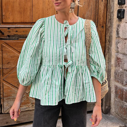 Camisas Y2K para mujer, ropa estética, elegante, color sólido/rayas, manga 3/4, cárdigan con lazo, blusa de los años 2000, ropa de calle