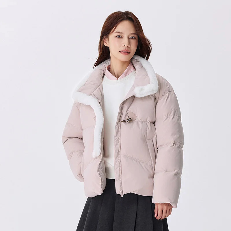Chaqueta de plumón para mujer, impermeable, holgada, suave, de invierno, nueva, con imitación literaria de piel de conejo, con botones de cuerno, resistente al viento