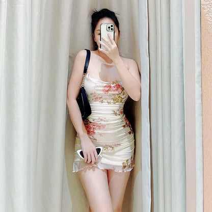 Vestido mini floral de los años 2000 para mujer, estilo Y2K, sin mangas, con volantes en el dobladillo, estilo kawaii, sexy, estilo hada.