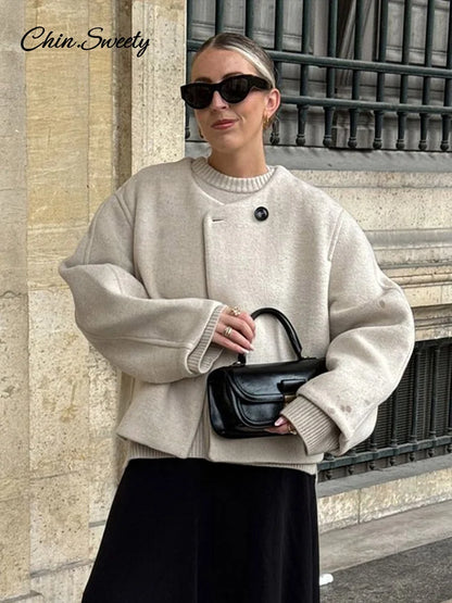 Chaqueta elegante de mezcla de lana lisa para mujer, abrigo de manga larga con botones y cuello redondo, ropa de abrigo cálida para otoño e invierno.