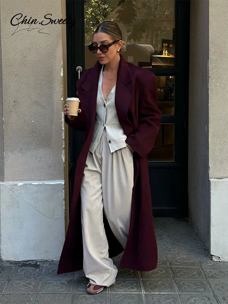 Abrigo largo de lana burdeos y rojo a la moda para mujer, con hombreras extragrandes, manga larga, doble botonadura, ropa de calle de otoño para mujer