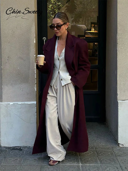 Abrigo largo de lana burdeos y rojo a la moda para mujer, con hombreras extragrandes, manga larga, doble botonadura, ropa de calle de otoño para mujer