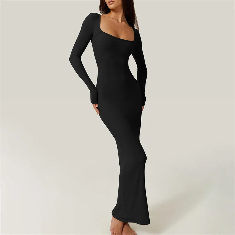 Vestido ajustado Y2K para mujer, para salir, color liso, cuello cuadrado, manga larga, sexy, para fiesta de noche, ropa de club