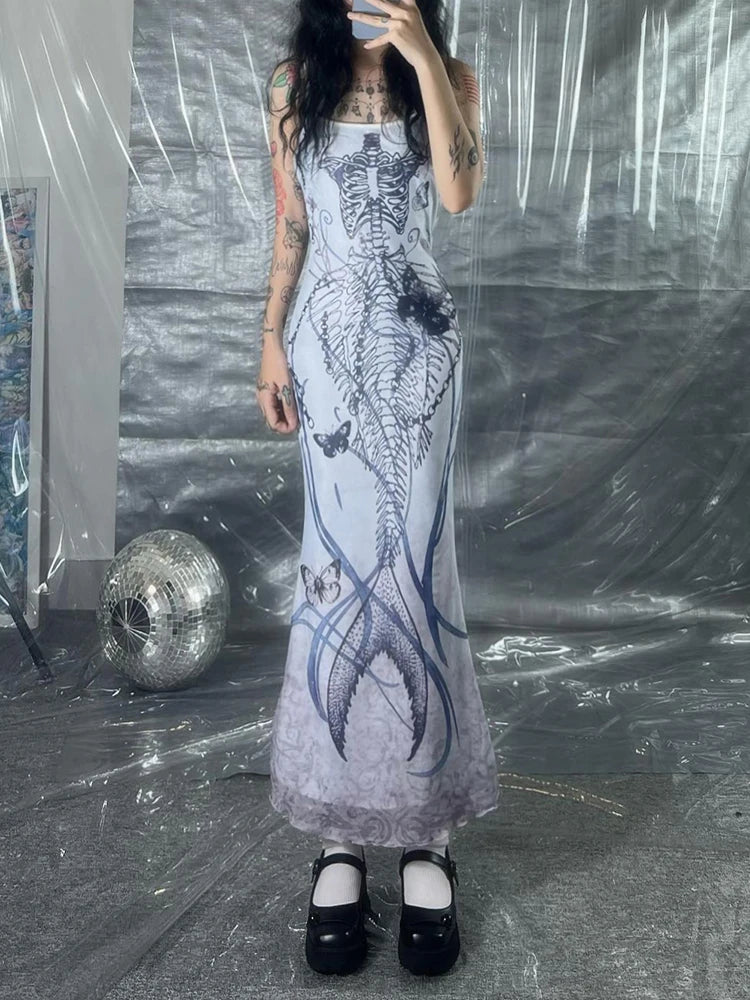 Vestido gótico Y2K con tirantes finos y estampado de sirena para mujer