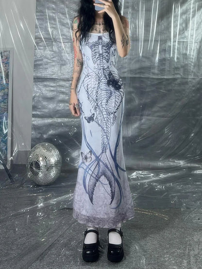 Vestido gótico Y2K con tirantes finos y estampado de sirena para mujer