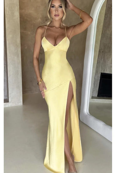 Vestido maxi de satén sexy sin tirantes para mujer, con espalda abierta y abertura alta, ajustado, elegante para fiesta y club, primavera y verano