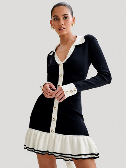 Vestido mini de punto con volantes y manga larga para mujer, otoño, nuevo, cuello en V, perla, botonadura sencilla, lazo, vendaje, elegante
