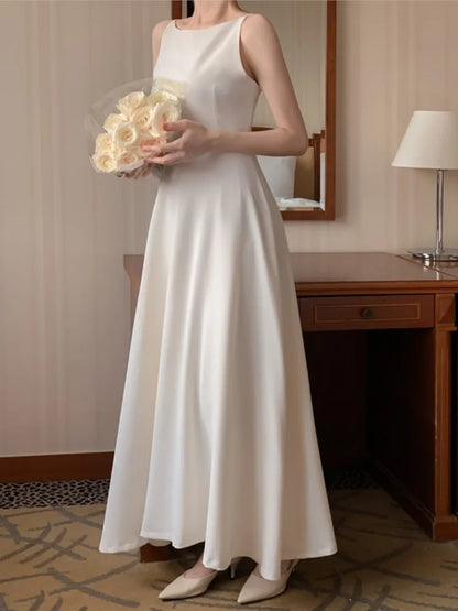 Elegante vestido largo liso para mujer, vestido de fiesta de noche para boda, sin mangas, informal, de verano, estilo coreano, de una pieza