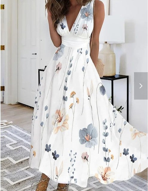 Vestidos largos sin mangas con estampado de flores de verano, sexys, con cuello en V, elegantes, para fiesta, de línea A, a la moda, maxivestidos de noche chic, nuevos