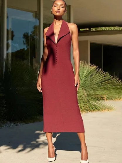 Vestido largo sexy sin mangas con escote en V profundo y cuello halter para mujer, elegante vestido ajustado con espalda descubierta y tirantes finos, vestido largo de moda para mujer