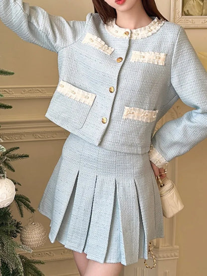 Spring Summer Women Fashion Korean Skirts Suit Elegant Chic Solid Coat A-Line Pleated Skirts Two Pieces Set Female Clothes New