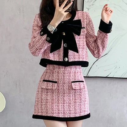 Conjunto de dos piezas de tweed para otoño e invierno, chaqueta corta y minifalda para mujer, elegantes conjuntos de moda coreana para mujer.