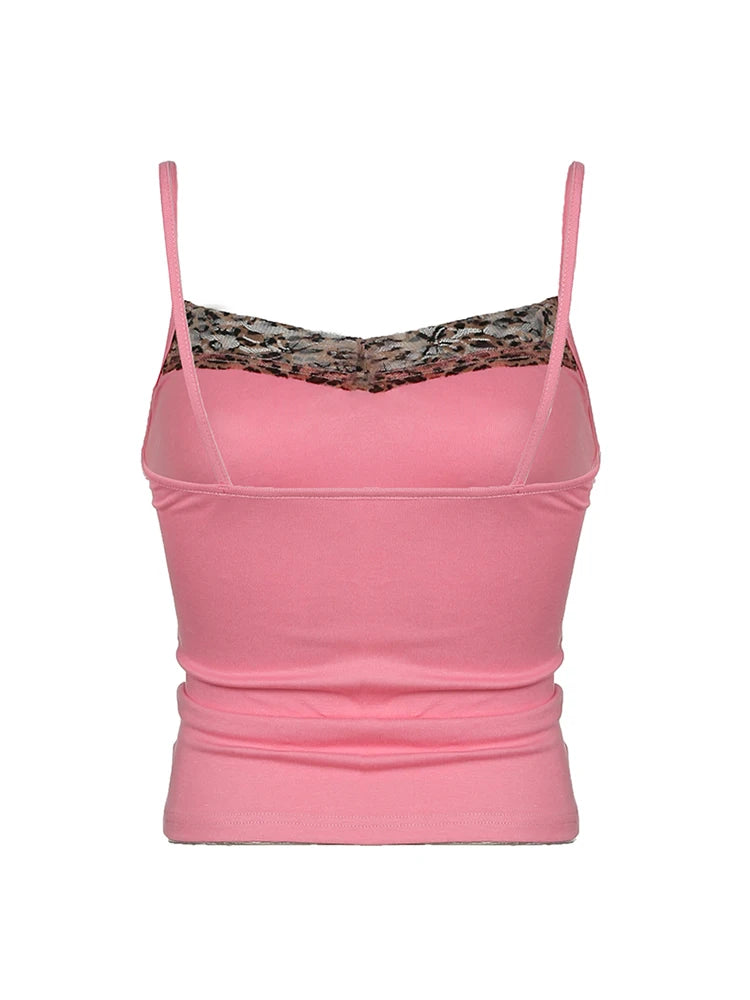Camisola rosa dulce y linda de Sweetown con estampado de leopardo en contraste con parches Y2K para mujer, sin mangas, ajustada, estilo kawaii, años 2000