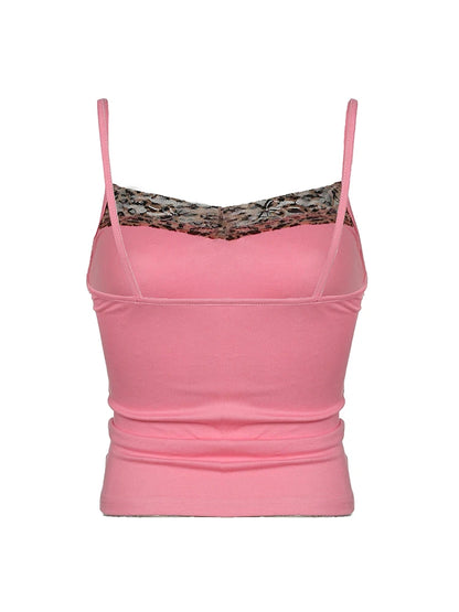 Camisola rosa dulce y linda de Sweetown con estampado de leopardo en contraste con parches Y2K para mujer, sin mangas, ajustada, estilo kawaii, años 2000