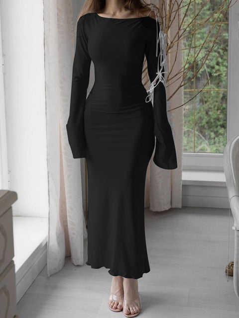 Vestido sexy de cuello diagonal acampanado con lazo y mangas largas con cordones para mujer, vestido ajustado elegante para fiesta, club, noche, vestidos ajustados