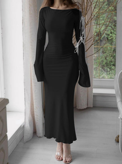 Vestido sexy de cuello diagonal acampanado con lazo y mangas largas con cordones para mujer, vestido ajustado elegante para fiesta, club, noche, vestidos ajustados
