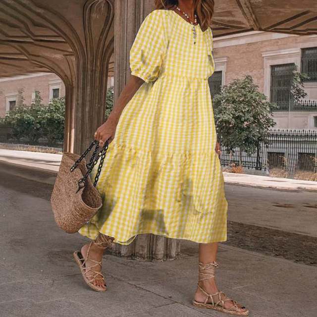 Vestido estampado de verano 2025 para mujer, manga corta abullonada, volantes, holgado, corte A, midi, informal, para playa y vacaciones