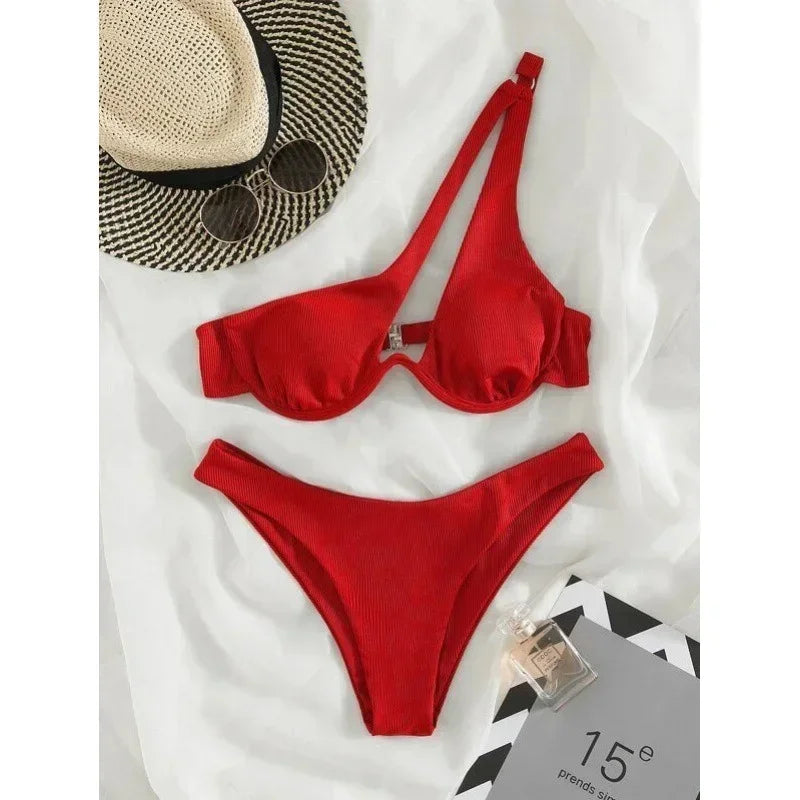 Luxury Two Pieces Solid Patchwork Underwire Push Up One Shoulder Cut Out Beachwear Swimwear Biqunis Brazilian Thong Bikini