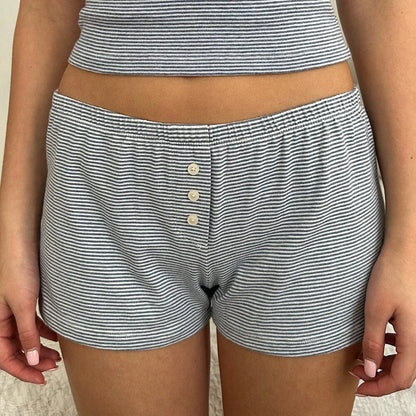 Conjunto de 2 piezas de pijama kawaii con cuello en V, camiseta sin mangas, top corto y pantalones cortos, ropa informal a rayas con ribete de encaje, estilo retro Y2K para mujer