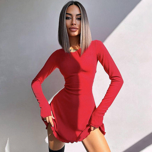 Vestido mini sexy de manga larga acanalado para mujer, otoño invierno, nuevo, cuello redondo, vendaje con cordones, vestido elegante de moda, vestidos
