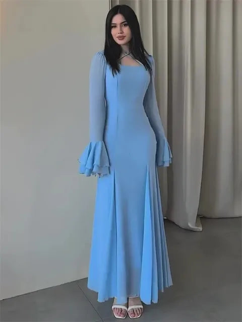 Vestido largo de otoño con volantes para mujer, elegante, ajustado, de cintura alta, con retazos, de gasa, para fiesta