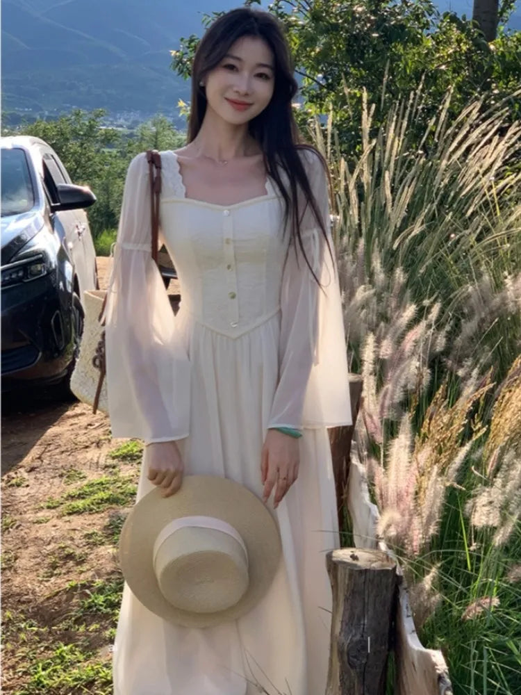 Vestidos midi franceses vintage con mangas acampanadas para mujer, cuello cuadrado, corte en A, otoño, nuevo, informal, liso, para fiesta, ropa femenina