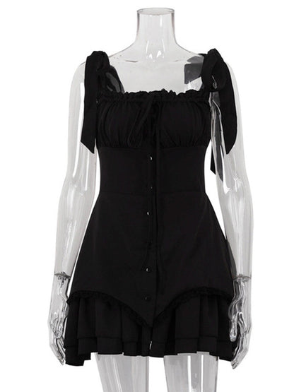Vestido mini sexy sin mangas con volantes para mujer, bata con tirantes finos, espalda descubierta, con cordones, vestido ajustado, elegante ropa de club.