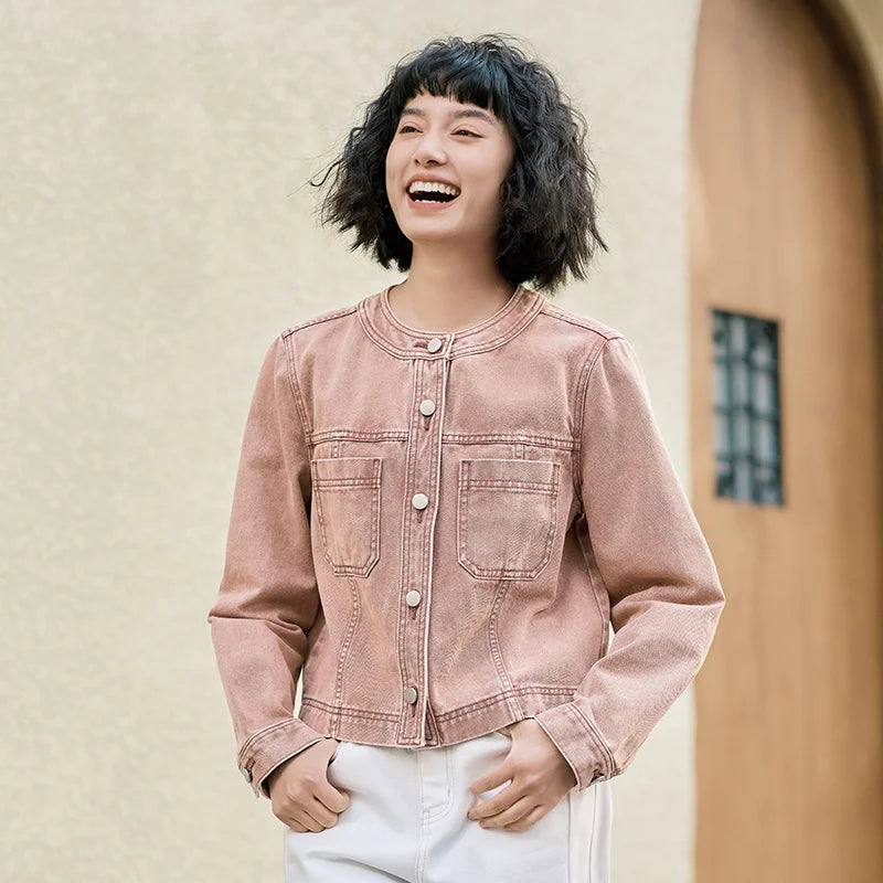Denim Jacket Women Short Style Small And Taller Spring New Retro Round Neck Jacket Casual And Versatile Coats