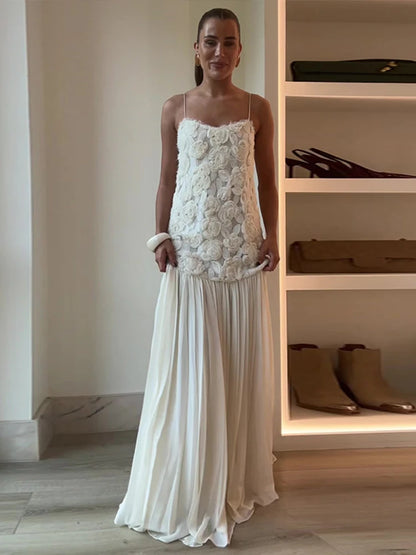 Elegante vestido largo con tirantes florales en 3D para mujer, estilo retro blanco, sin espalda, plisado, para noche, para mujer, elegante vestido de fiesta callejera de primavera.