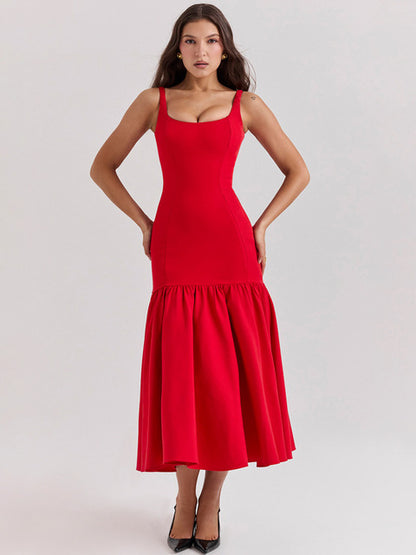 Vestido maxi de cola de pez sin espalda para mujer, vestido de moda con cuello cuadrado, sin mangas, suelto, plisado, largo, vestidos elegantes