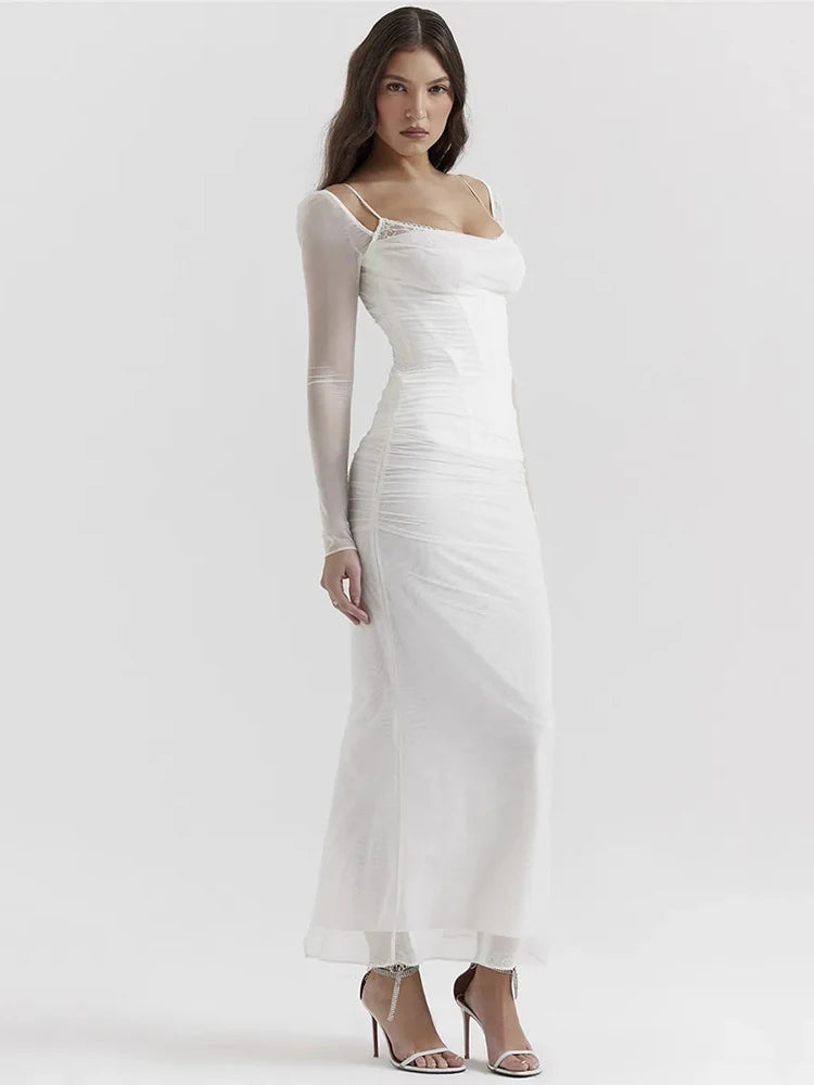 Elegante vestido maxi sexy de manga larga transparente para mujer, vestido largo sexy de malla sin tirantes y espalda descubierta para fiesta en club, nuevo