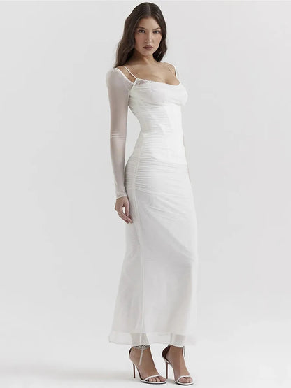Elegante vestido maxi sexy de manga larga transparente para mujer, vestido largo sexy de malla sin tirantes y espalda descubierta para fiesta en club, nuevo