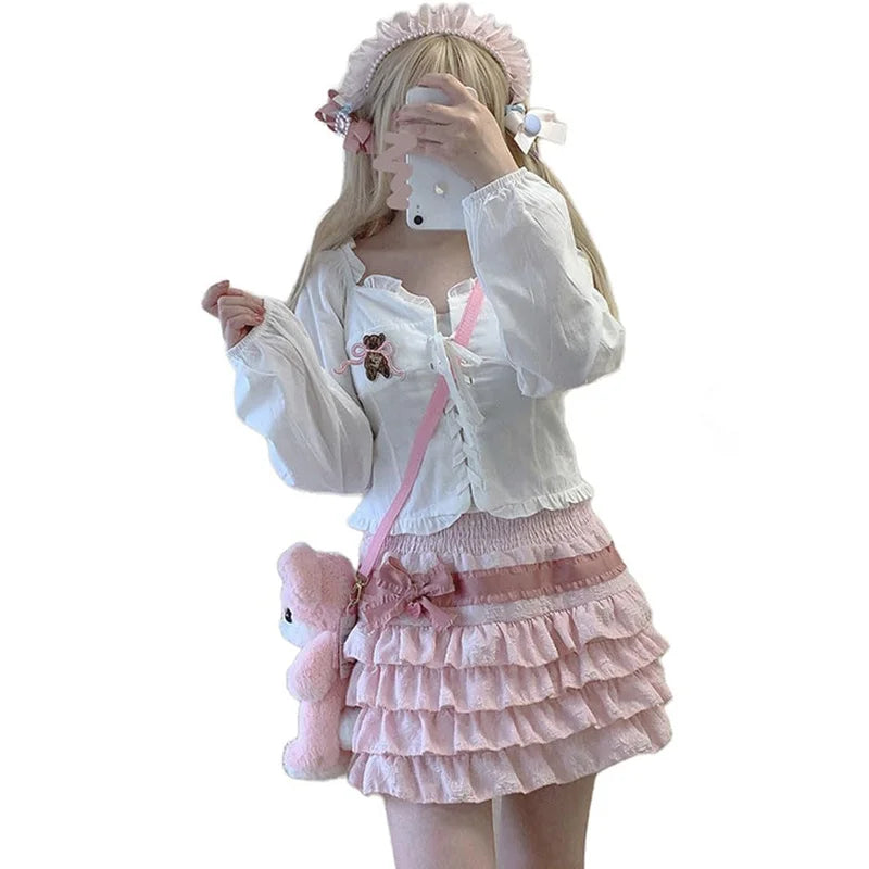 Falda estilo Lolita estilo pastel estilo Harajuku para chicas, faldas con volantes de cintura alta en capas, estilo Y2K, estilo Fairycore, ropa de calle