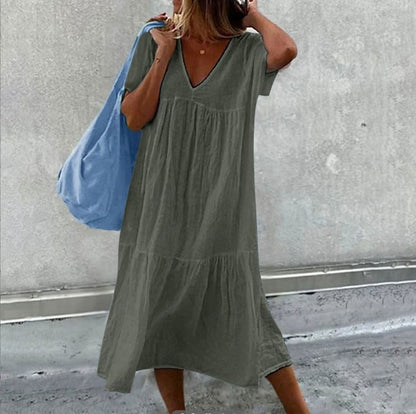 Vestidos midi de lino y algodón de color liso para mujer, moda informal, cuello en V, mangas cortas, sueltos, estilo sencillo, para ir al trabajo.
