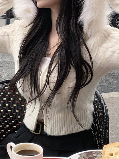 Suéter corto con capucha y cremallera para mujer, color blanco liso, ajustado, para otoño e invierno, nuevo, dulce, coqueto y esponjoso.