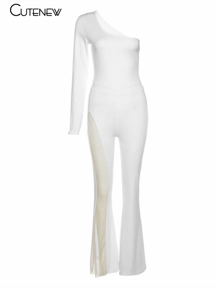Mono sexy de malla con retazos de un solo hombro para mujer, elegante, liso, ajustado, con pantalones acampanados, mono de moda para fiesta, ropa de calle