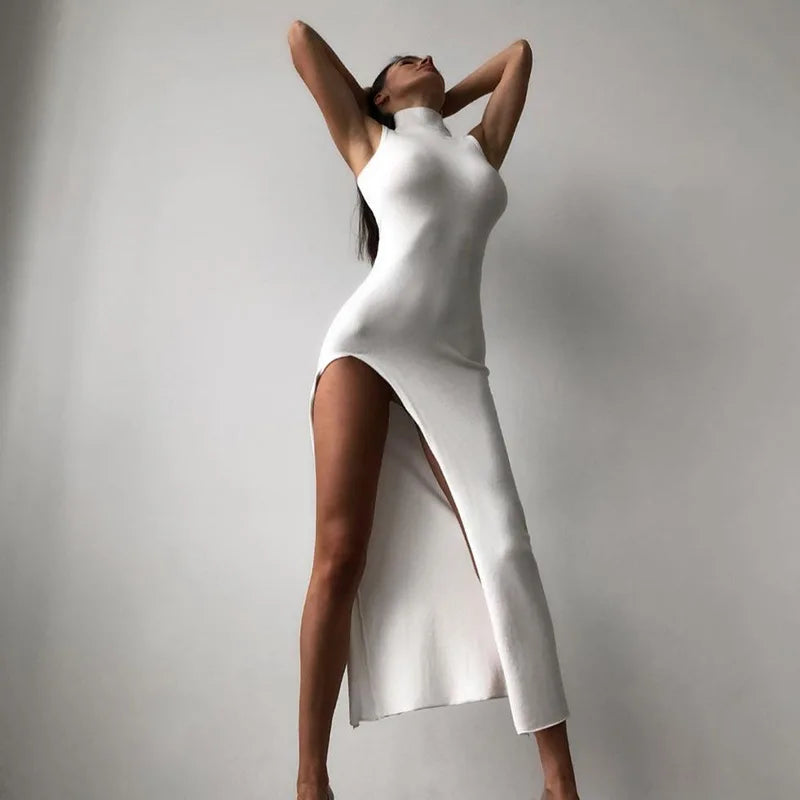 Nuevo vestido MIDI ajustado sin mangas con cuello redondo y abertura para mujer, moda transfronteriza Y2K de Europa y Estados Unidos.