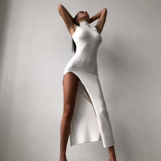 new y2k Europe and the United States cross-border fashion round neck sleeveless slim-fit slit MIDI dress women