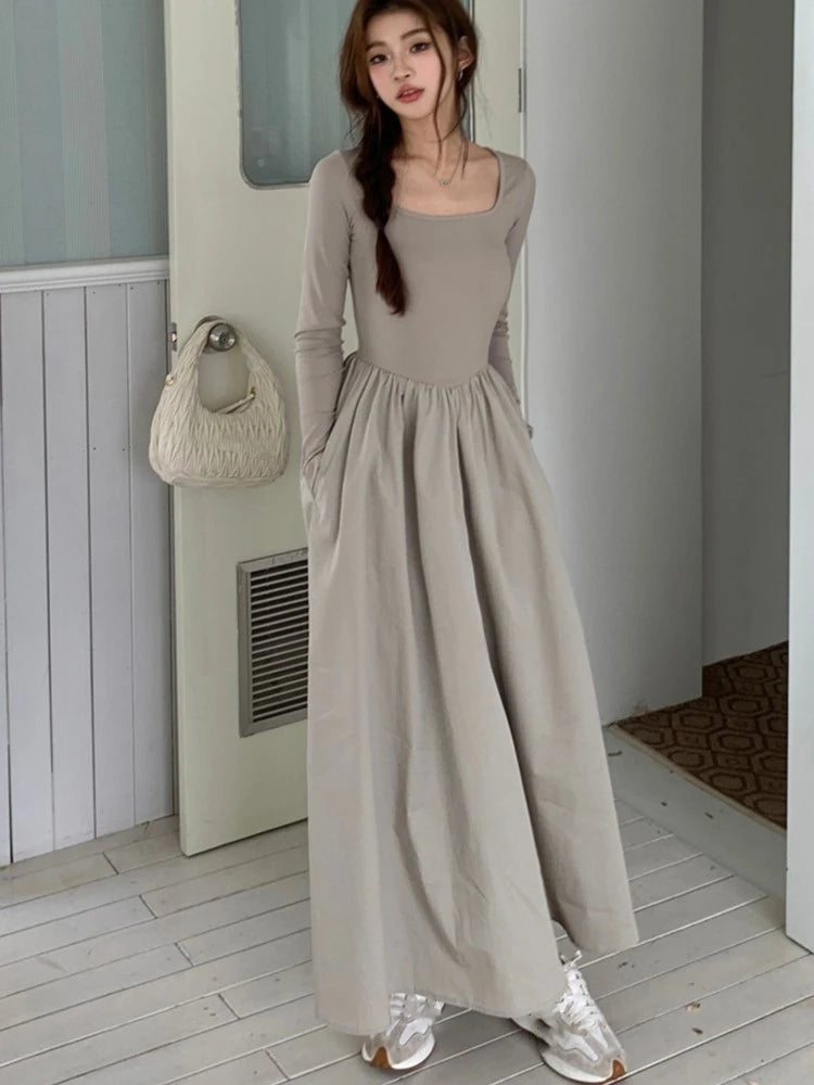 Vestidos midi informales de punto para mujer, lisos, de manga larga, cuello cuadrado, corte A, otoño, elegantes, ajustados