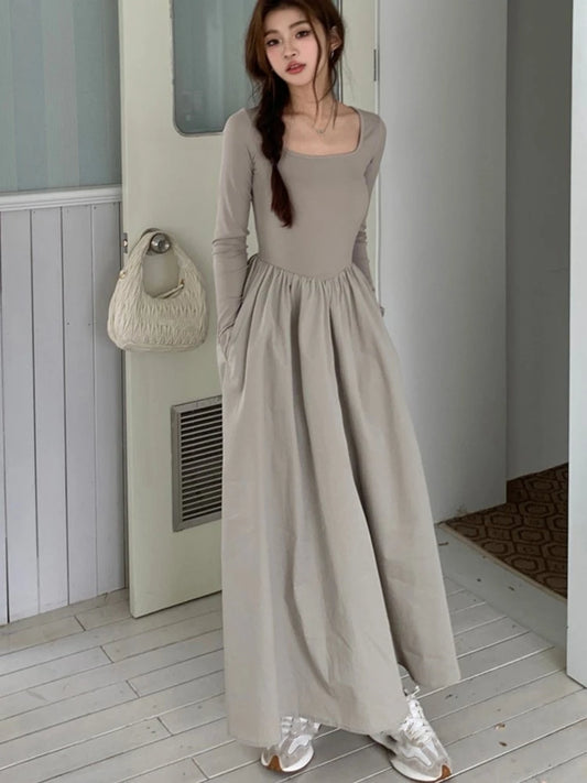 Vestidos midi informales de punto para mujer, lisos, de manga larga, cuello cuadrado, corte A, otoño, elegantes, ajustados