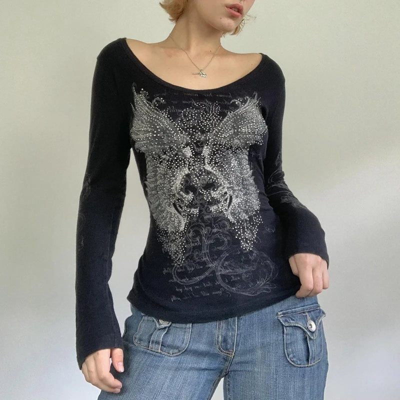 2000s Retro Rhinestone Graphic Print T-shirt Harajuku Grunge Y2K Aesthetics Fairy Crop Top Korean Fashion Vintage Mall Goth Tees