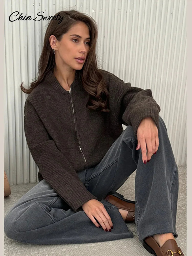 Cárdigan de punto con cuello redondo y cremallera para otoño e invierno, suéter liso holgado de manga larga para mujer, prenda de punto a juego para mujer.