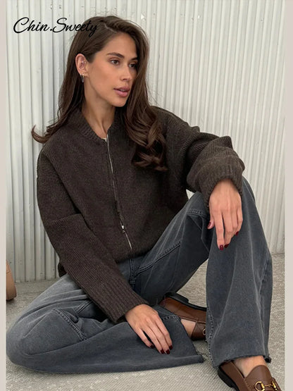 Cárdigan de punto con cuello redondo y cremallera para otoño e invierno, suéter liso holgado de manga larga para mujer, prenda de punto a juego para mujer.