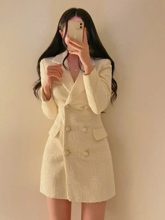 Autumn Winter Elegant Tweed Blazer Dress Double Breasted Slim Short Dresses for Women Korean Fashion Office Lady Coat Dress New